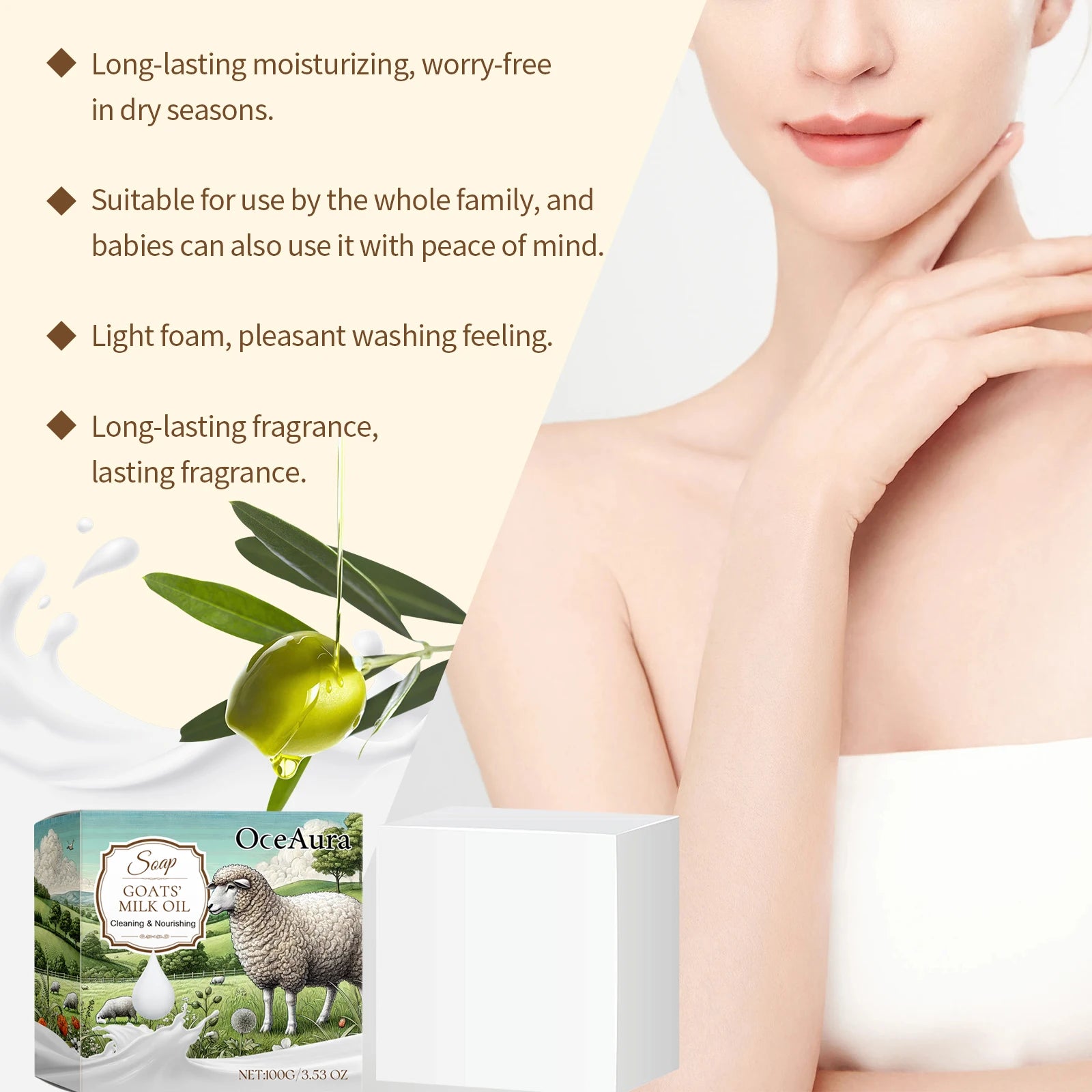 Oceaura Goat Milk Soap Gentle Cleaning Body Dirts Improve Skin Texture Restore Skin Luster Moisturize Natural Body Bathing Soap