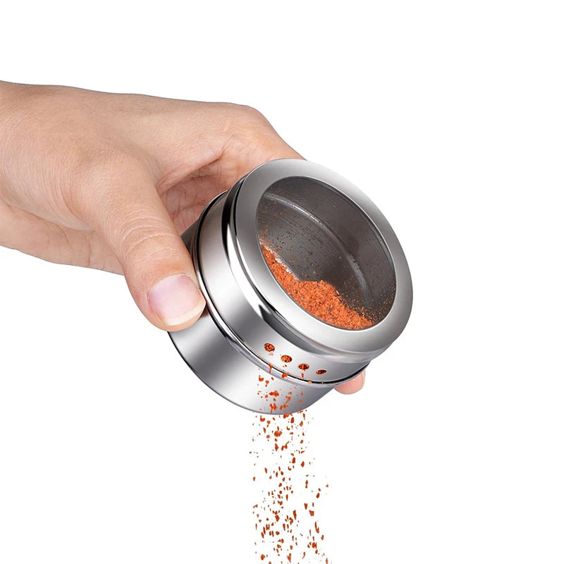 LMETJMA Magnetic Spice Tins Stainless Steel Spice Jars with Clear Shaker Lids Pepper Spice Storage Jars With Spice Labels KC0050