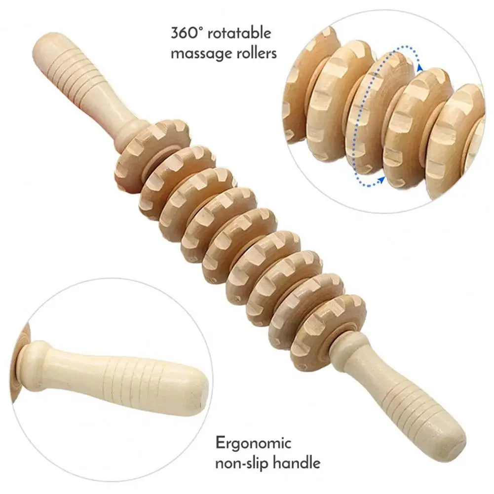 Body Fascia Massager Anti-slip Handle Wood Grooved Gear Arms Legs Thighs Buttocks Smooth Roller Massager for Back Relaxation