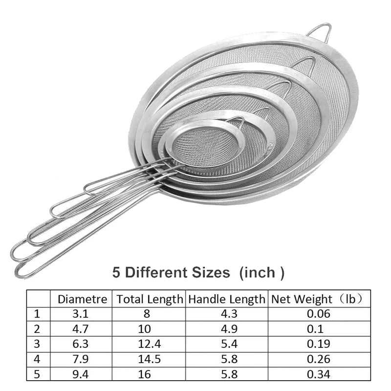 LMETJMA Stainless Steel Fine Mesh Strainers Oil Strainer Colanders with Long Wire Handles 3'', 5'', 6'', 8'', 9.5''  KC0072