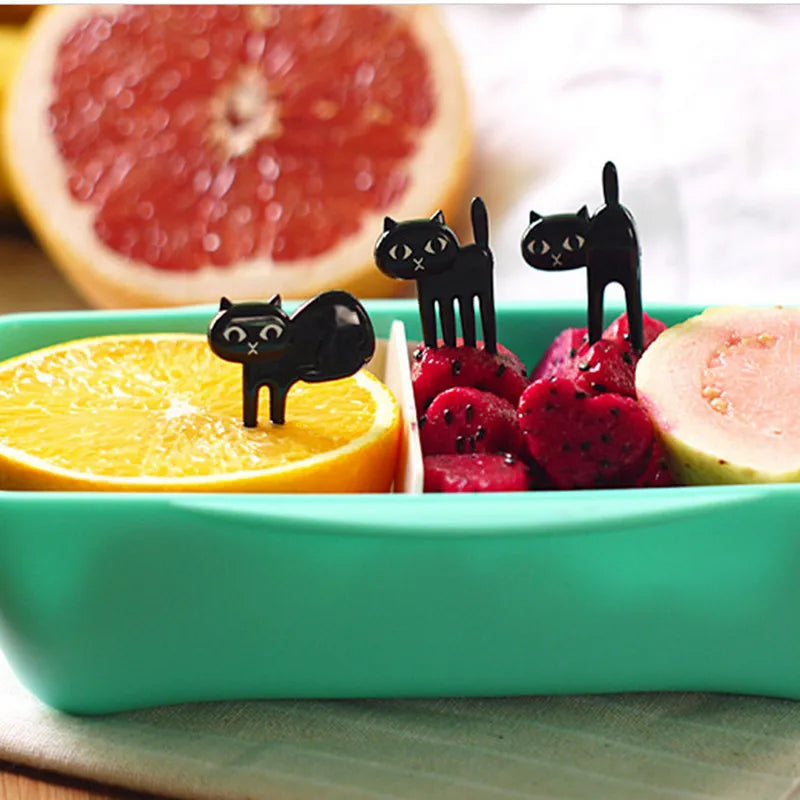LMETJMA 6pcs/set Black Cat Fruit Fork Set Party Birthday Food Fruit Fork Animal Fruit Toothpick Bento Lunch For Children D0004