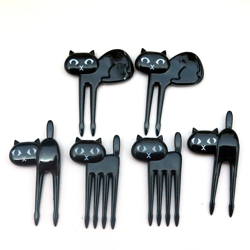 LMETJMA 6pcs/set Black Cat Fruit Fork Set Party Birthday Food Fruit Fork Animal Fruit Toothpick Bento Lunch For Children D0004
