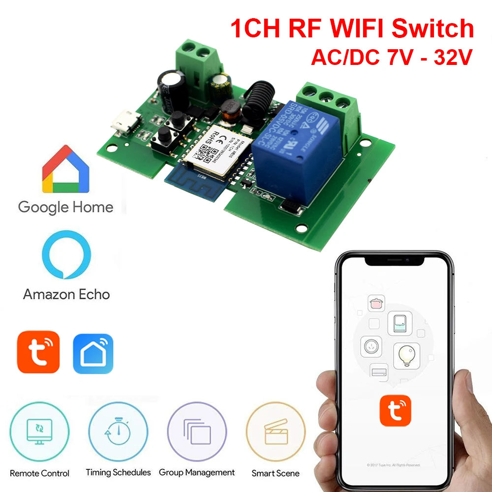 1CH WiFi Module Relay Breaker AC/DC 12V 24V Momentary Mode Compatible with Google Home Alexa Smart Voice Control