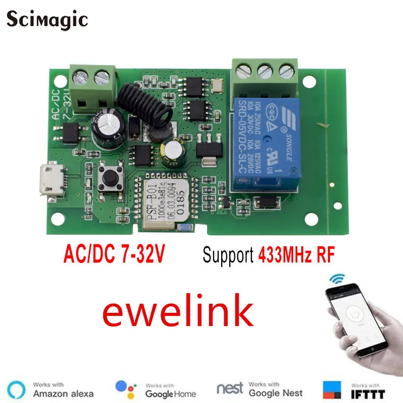1CH WiFi Module Relay Breaker AC/DC 12V 24V Momentary Mode Compatible with Google Home Alexa Smart Voice Control