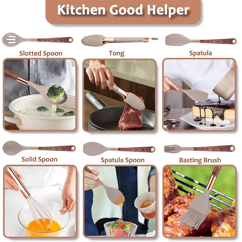 LMETJMA Silicone Kitchen Utensil Set 10 Pcs Cooking Utensil with Utensils Holder Wooden Pattern Handles Nonstick Cookware JT264