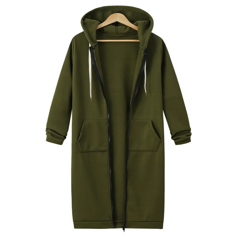 Women's Fleece Hooded Sweatshirt Long Sleeve Mid-Length Pullover Coat