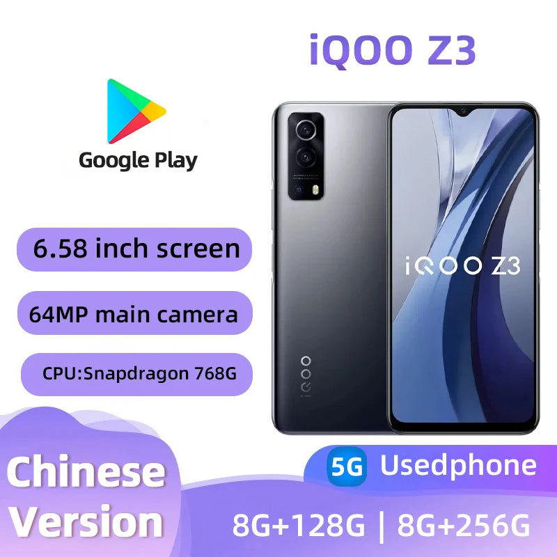 IQOO Z3 5G Cell Phone 6.58" 120HZ 8GB RAM 256GB ROM 64.0MP 55W Super Charge Snapdragon 768G Fingerprint used phone