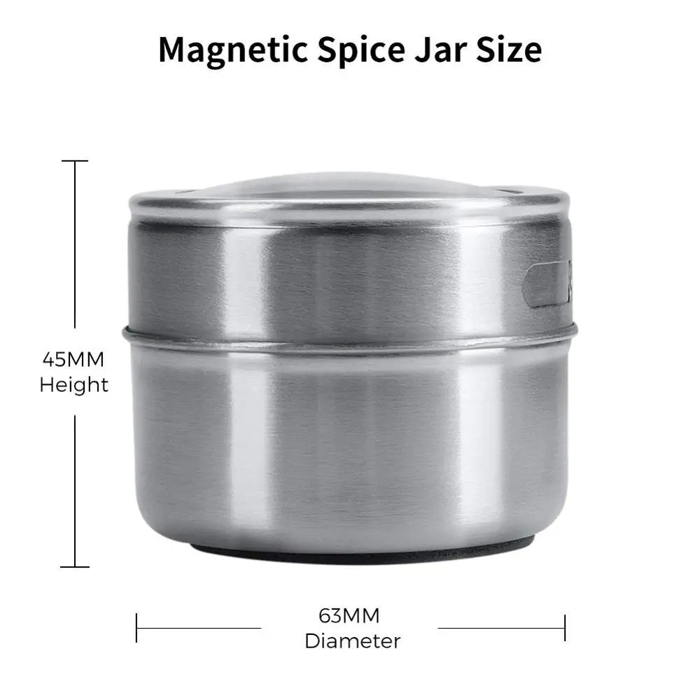 LMETJMA Magnetic Spice Tins Stainless Steel Spice Jars with Clear Shaker Lids Pepper Spice Storage Jars With Spice Labels KC0050