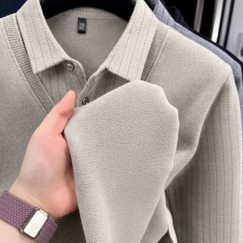 Mens Sweater Polo Collar Label Patchwork Stripes Plush Wool Liner Knitted Thickened Sweater Brand Luxury Print Thermo Menswear
