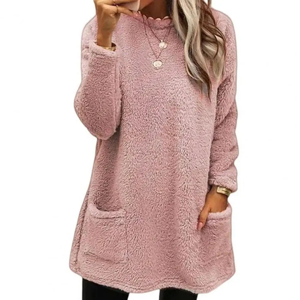 2025 Women Fall Winter Sweatshirt Thick Plush Windproof Sweatshirt Half-high Collar Warm Casual Mid Length Pockets Sweatshirt