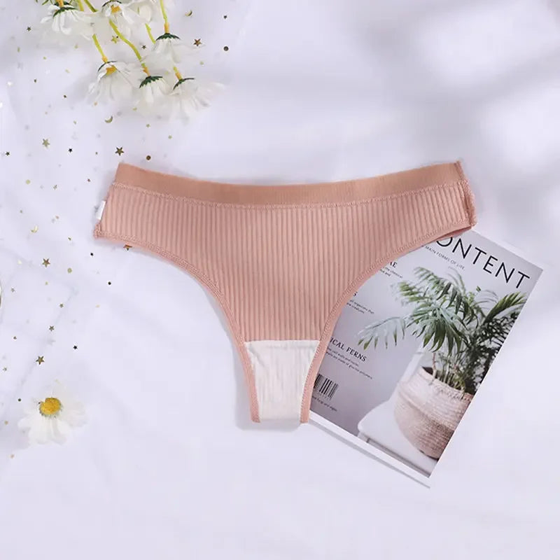 Cotton G-string Panties Women's Sexy Seamless Ribbed T-shaped Underpants Ladies Thong Solid Color Low Waist Bikini Briefs M-XXL