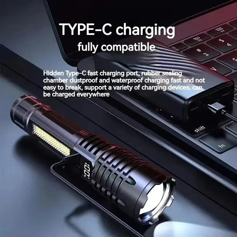 High Power LED Flashlight Powerful TYPE-C Rechargeable COB Flashlight With Side Light Torch For Outdoor Camping Hiking