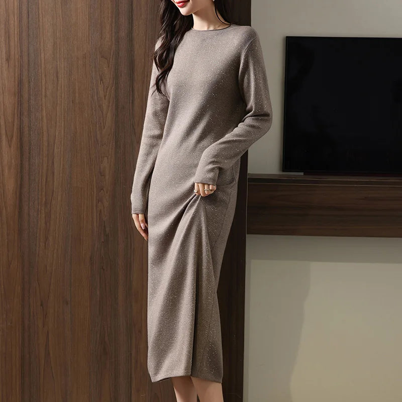 Autumn And Winter New Round Neck Long Warm Straight Skirt Women's Solid Color Wool Knitted Bottoming Skirt Sweater Dress