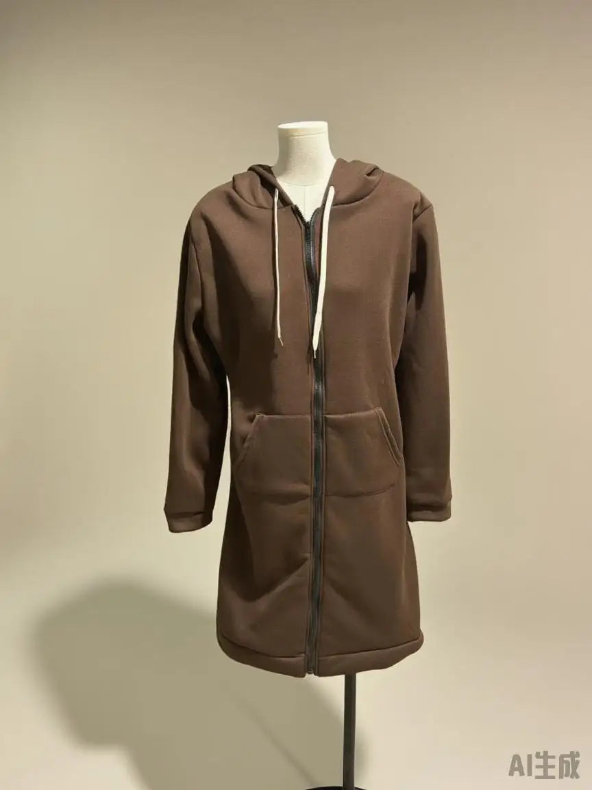 Women's Fleece Hooded Sweatshirt Long Sleeve Mid-Length Pullover Coat