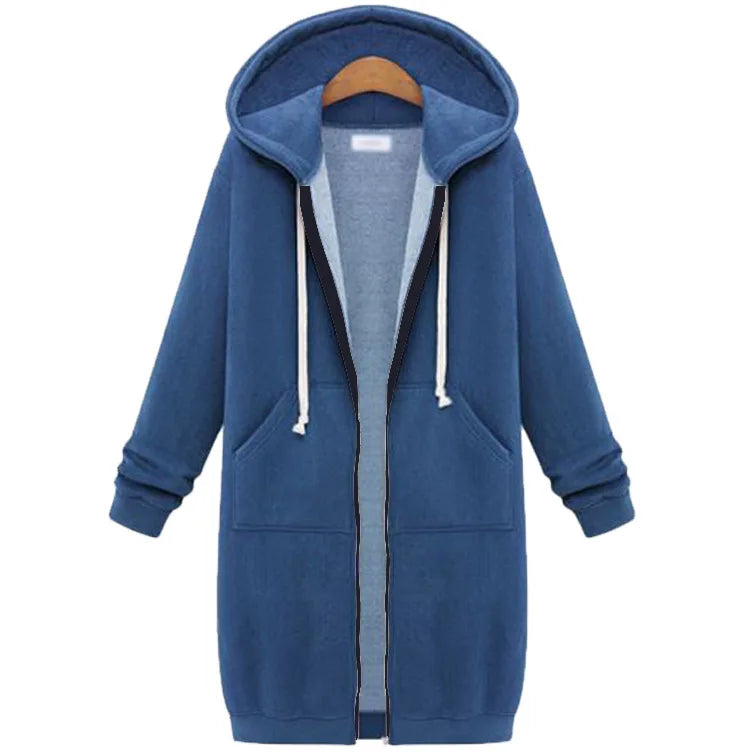 Women's Fleece Hooded Sweatshirt Long Sleeve Mid-Length Pullover Coat