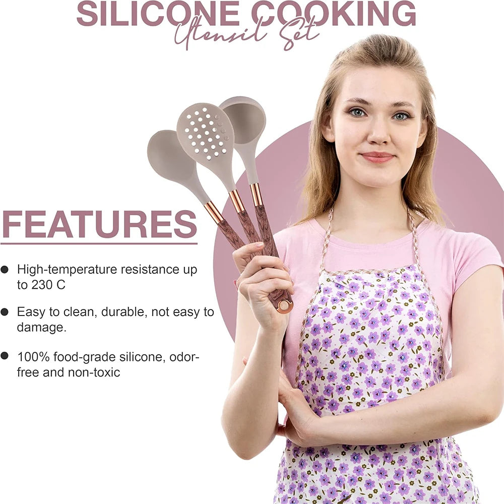 LMETJMA Silicone Kitchen Utensil Set 10 Pcs Cooking Utensil with Utensils Holder Wooden Pattern Handles Nonstick Cookware JT264