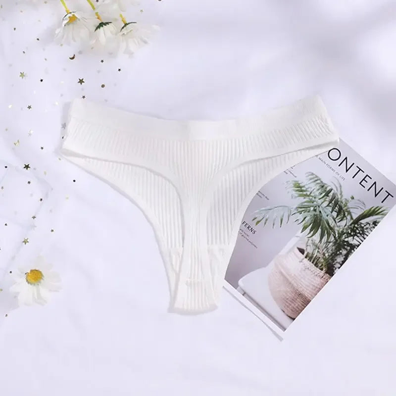 Cotton G-string Panties Women's Sexy Seamless Ribbed T-shaped Underpants Ladies Thong Solid Color Low Waist Bikini Briefs M-XXL