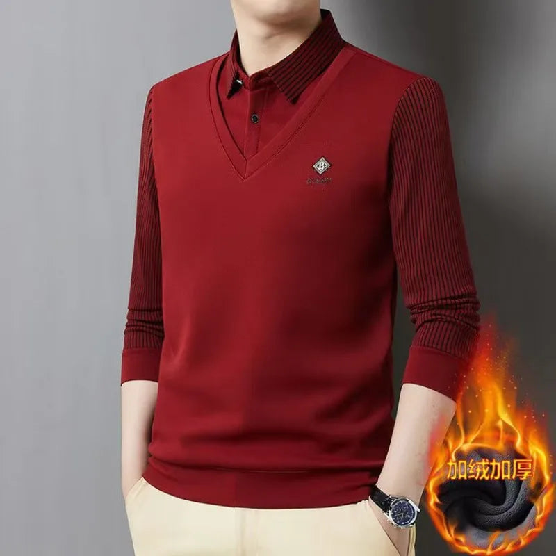 Autumn Winter Men's Polo Collar Pullover Striped Fleece Thick Slim Fit Tops Fake Two Pieces Knitwear Business Causal Sweaters