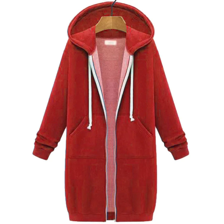 Women's Fleece Hooded Sweatshirt Long Sleeve Mid-Length Pullover Coat