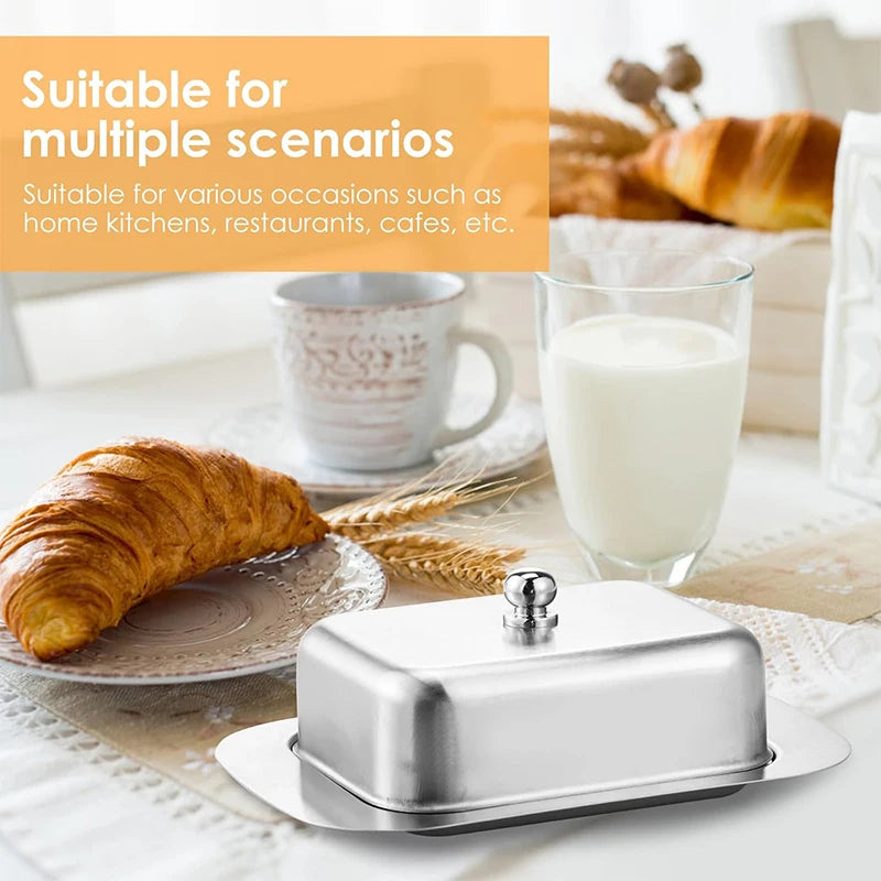 Butter Dish with Lid Stainless Steel Butter Cheese Storage Box Kitchen Butter Tray with Knob Handle Butter Keeper Container
