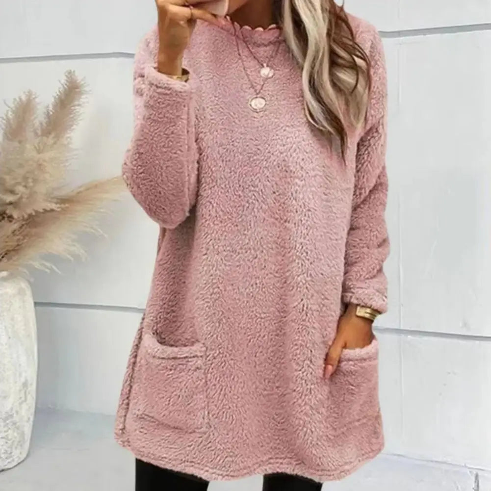 2025 Women Fall Winter Sweatshirt Thick Plush Windproof Sweatshirt Half-high Collar Warm Casual Mid Length Pockets Sweatshirt