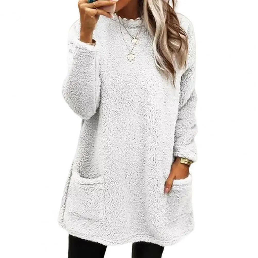 2025 Women Fall Winter Sweatshirt Thick Plush Windproof Sweatshirt Half-high Collar Warm Casual Mid Length Pockets Sweatshirt