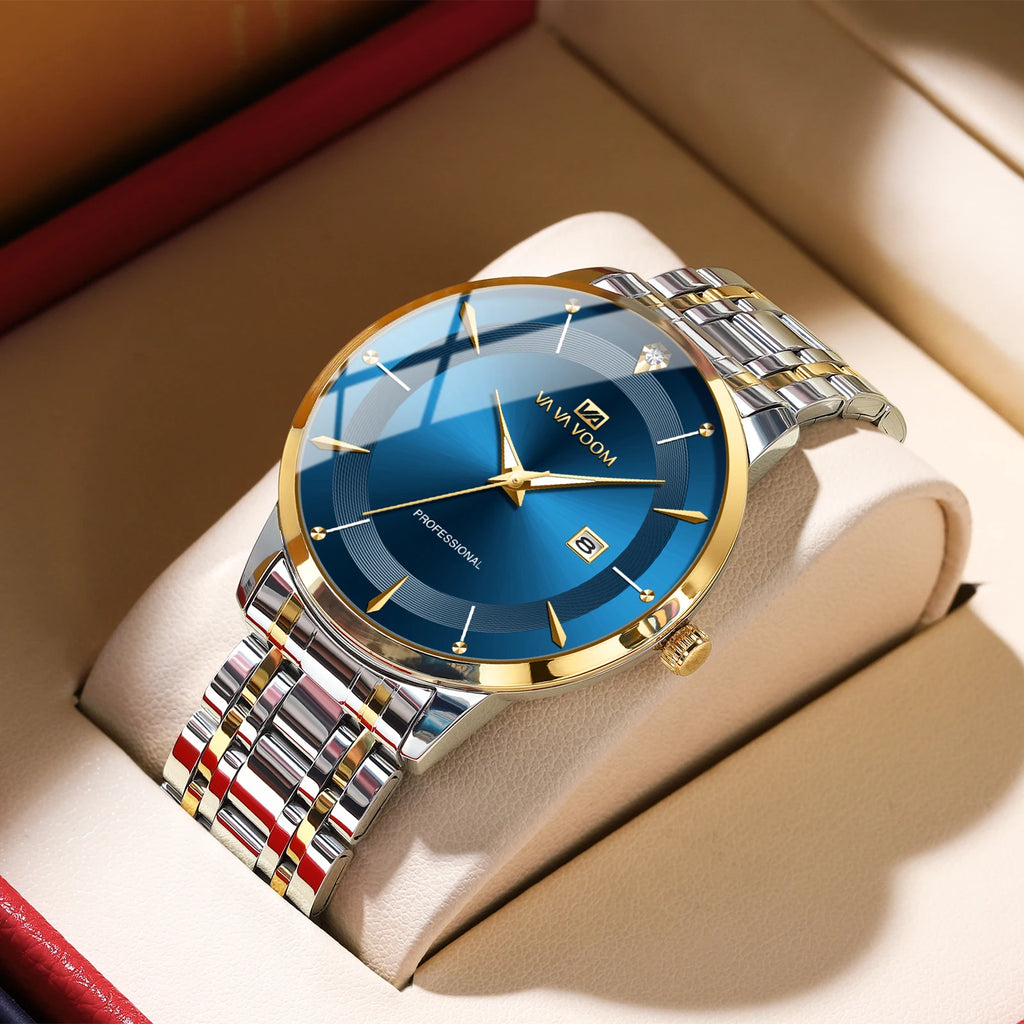 2024 New Men Watch Stainless Steel Business Style Luxury Rhinestone 43mm Blue Gold Quartz Movement Wristwatch Relogios Masculino