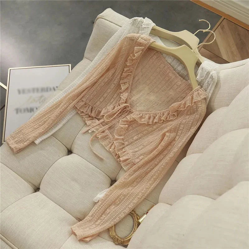 Lace Ruffle Shirt  Y2Y Korean Summer Cardigan Sunscreen Women Casual Fashion Long Sleeves Short Shirts Sun Protection Clothing
