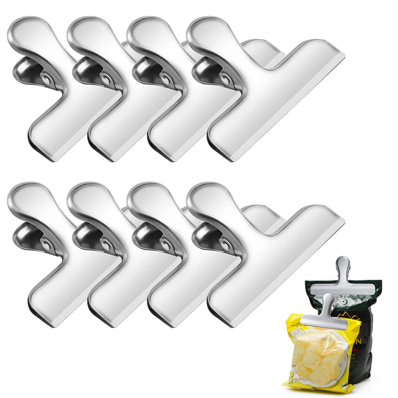 8Pcs Bag Clips 4 Size Stainless Steel Chip Bag Clips Heavy Duty Air Tight Seal Grip Coffee Food Bag Clamps Snack Clips