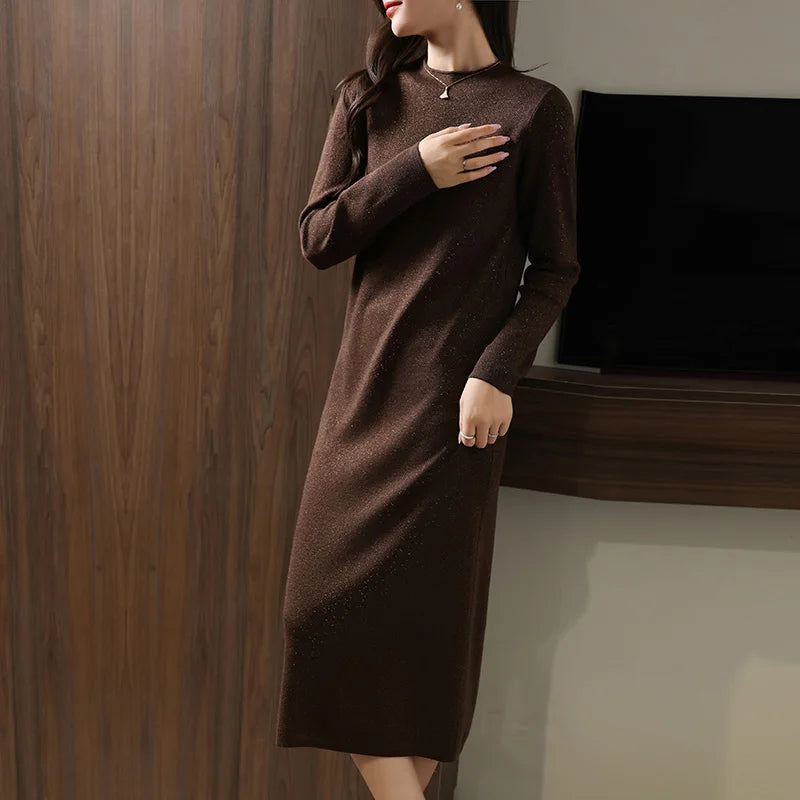 Autumn And Winter New Round Neck Long Warm Straight Skirt Women's Solid Color Wool Knitted Bottoming Skirt Sweater Dress