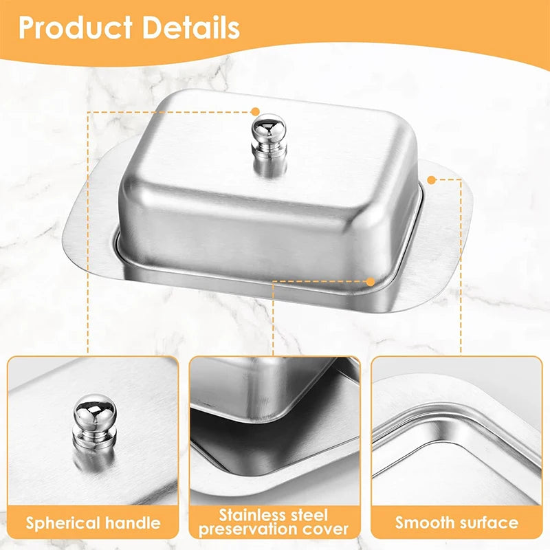 Butter Dish with Lid Stainless Steel Butter Cheese Storage Box Kitchen Butter Tray with Knob Handle Butter Keeper Container