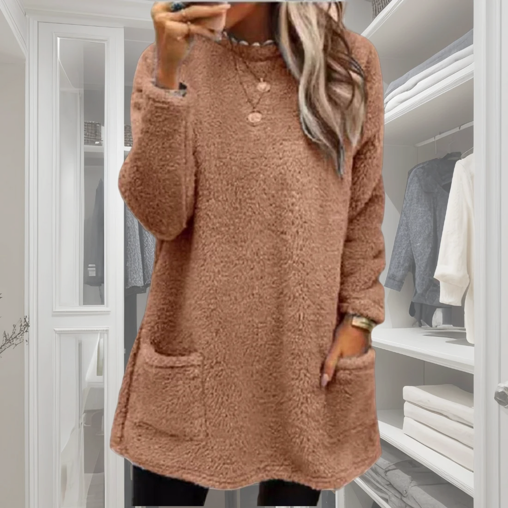 2025 Women Fall Winter Sweatshirt Thick Plush Windproof Sweatshirt Half-high Collar Warm Casual Mid Length Pockets Sweatshirt