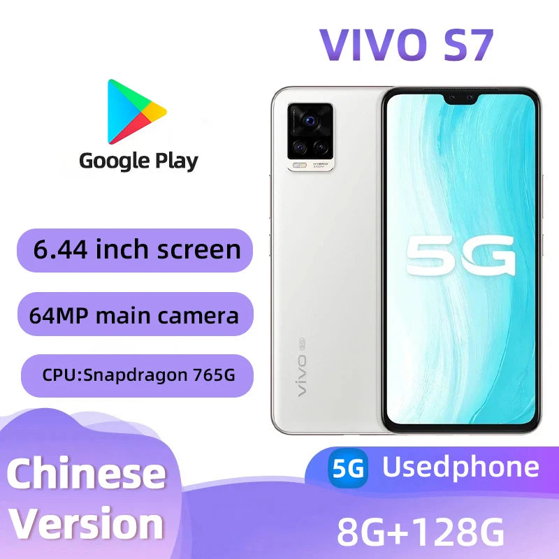 Vivo S7 5G Smart Phone Android CPU Snapdragon 765G 6.44inches Screen ROM 128GB  64.0MP 4000mAh 33W Super Charge used phone