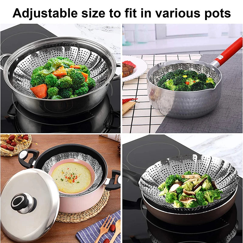 LMETJMA Expandable Stainless Steel Steamer Basket Vegetable Collapsible Steam Cooking Insert for Steaming food JT191