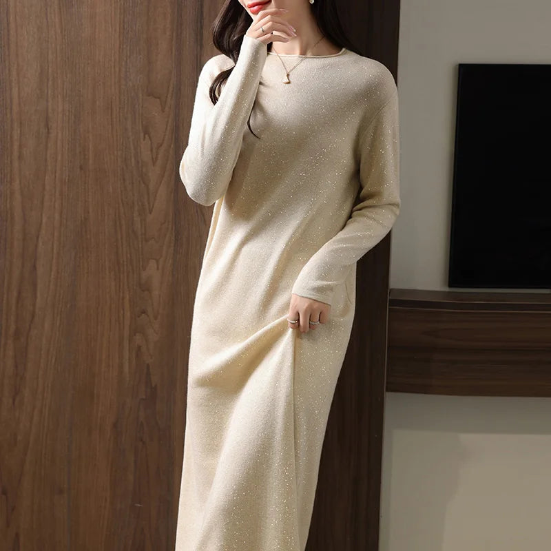 Autumn And Winter New Round Neck Long Warm Straight Skirt Women's Solid Color Wool Knitted Bottoming Skirt Sweater Dress