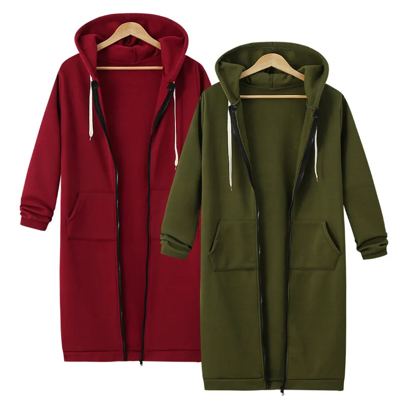 Women's Fleece Hooded Sweatshirt Long Sleeve Mid-Length Pullover Coat