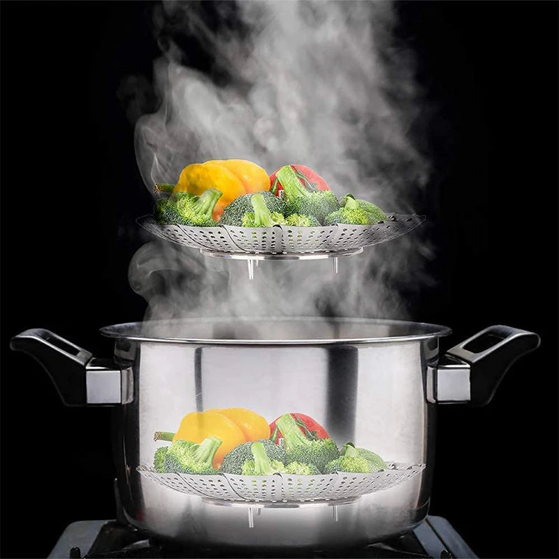 LMETJMA Expandable Stainless Steel Steamer Basket Vegetable Collapsible Steam Cooking Insert for Steaming food JT191