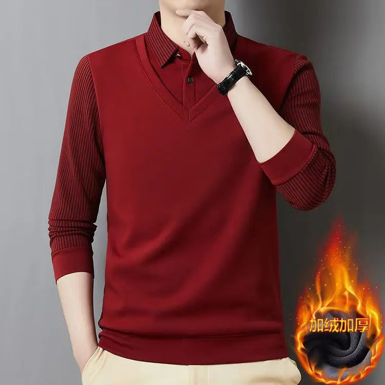 Autumn Winter Men's Polo Collar Pullover Striped Fleece Thick Slim Fit Tops Fake Two Pieces Knitwear Business Causal Sweaters