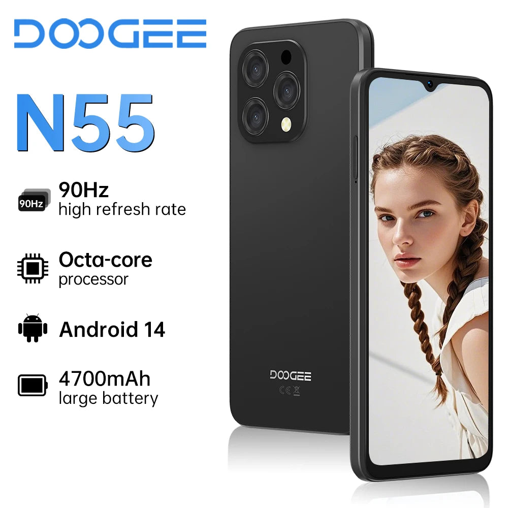 DOOGEE N55 Smartphone 5G 6.56 "90Hz IPS Screen Telephone Portable 4GB+ 128GB UNISOC T606 AI Triple Camera Smartphone Android 14