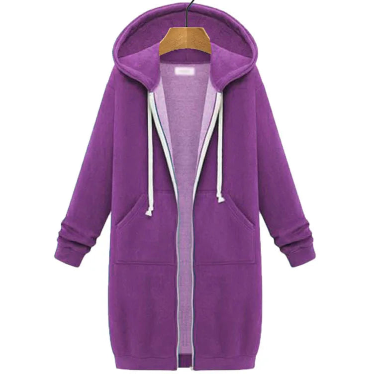 Women's Fleece Hooded Sweatshirt Long Sleeve Mid-Length Pullover Coat