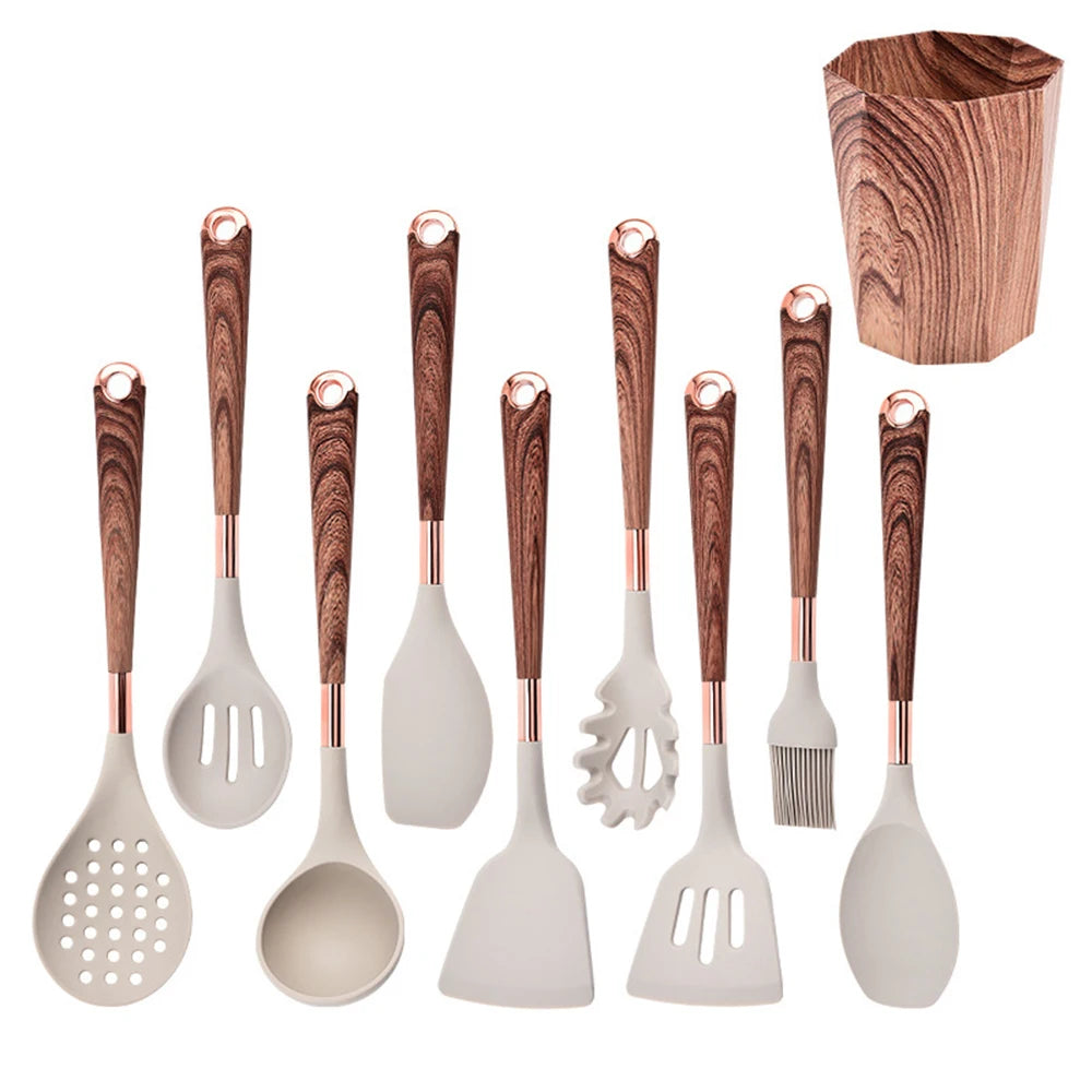 LMETJMA Silicone Kitchen Utensil Set 10 Pcs Cooking Utensil with Utensils Holder Wooden Pattern Handles Nonstick Cookware JT264