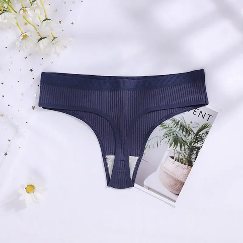 Cotton G-string Panties Women's Sexy Seamless Ribbed T-shaped Underpants Ladies Thong Solid Color Low Waist Bikini Briefs M-XXL
