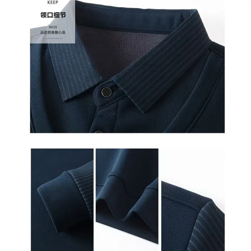 Autumn Winter Men's Polo Collar Pullover Striped Fleece Thick Slim Fit Tops Fake Two Pieces Knitwear Business Causal Sweaters