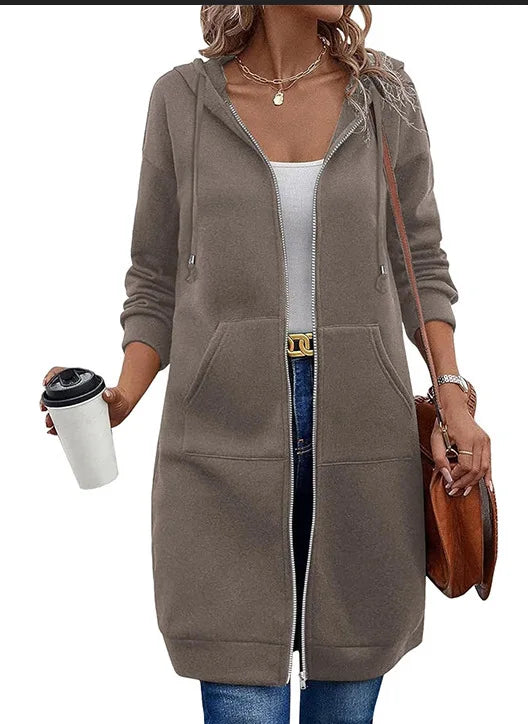 Women's Fleece Hooded Sweatshirt Long Sleeve Mid-Length Pullover Coat