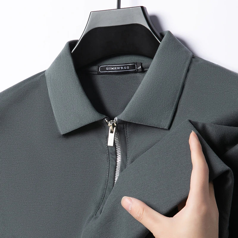 Summer New Men's Casual Slim Fit Polo Shirt Flip Collar Breathable Half Zipper Short Sleeve Top Solid Color Comfortable T-shirt