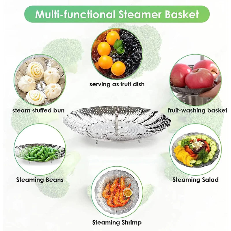 LMETJMA Expandable Stainless Steel Steamer Basket Vegetable Collapsible Steam Cooking Insert for Steaming food JT191