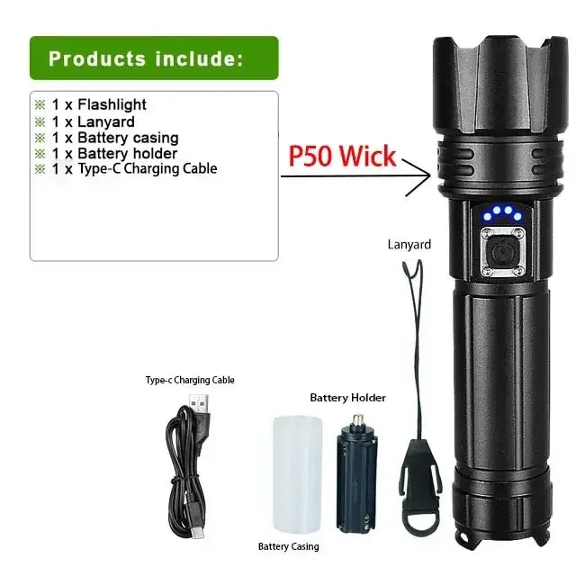 High Bright LED Tactical Flashlight Zoomable Torch 5 Lighting Modes Laser Wick Outdoor Waterproof Camping Adventure Hand Lamps