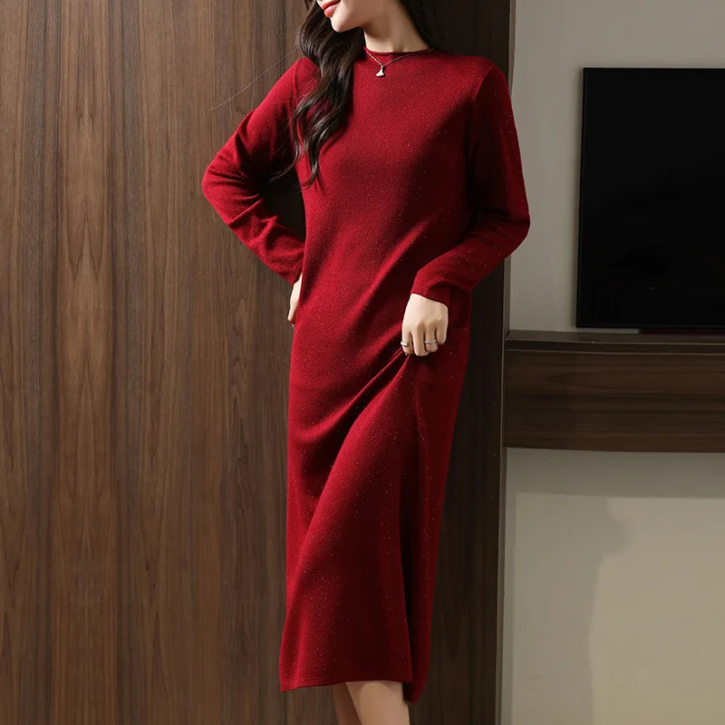 Autumn And Winter New Round Neck Long Warm Straight Skirt Women's Solid Color Wool Knitted Bottoming Skirt Sweater Dress
