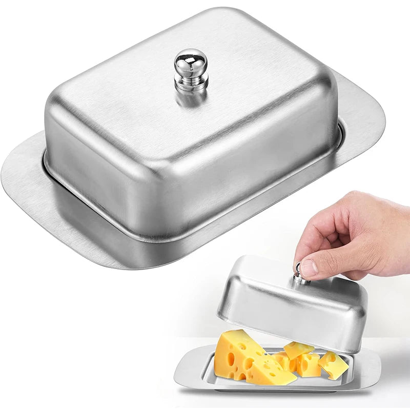 Butter Dish with Lid Stainless Steel Butter Cheese Storage Box Kitchen Butter Tray with Knob Handle Butter Keeper Container