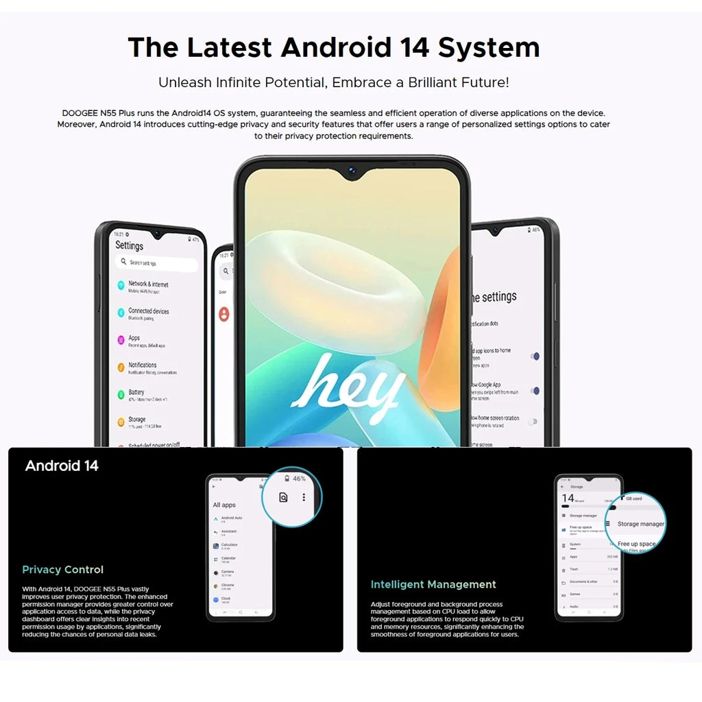 DOOGEE N55 Smartphone 5G 6.56 "90Hz IPS Screen Telephone Portable 4GB+ 128GB UNISOC T606 AI Triple Camera Smartphone Android 14